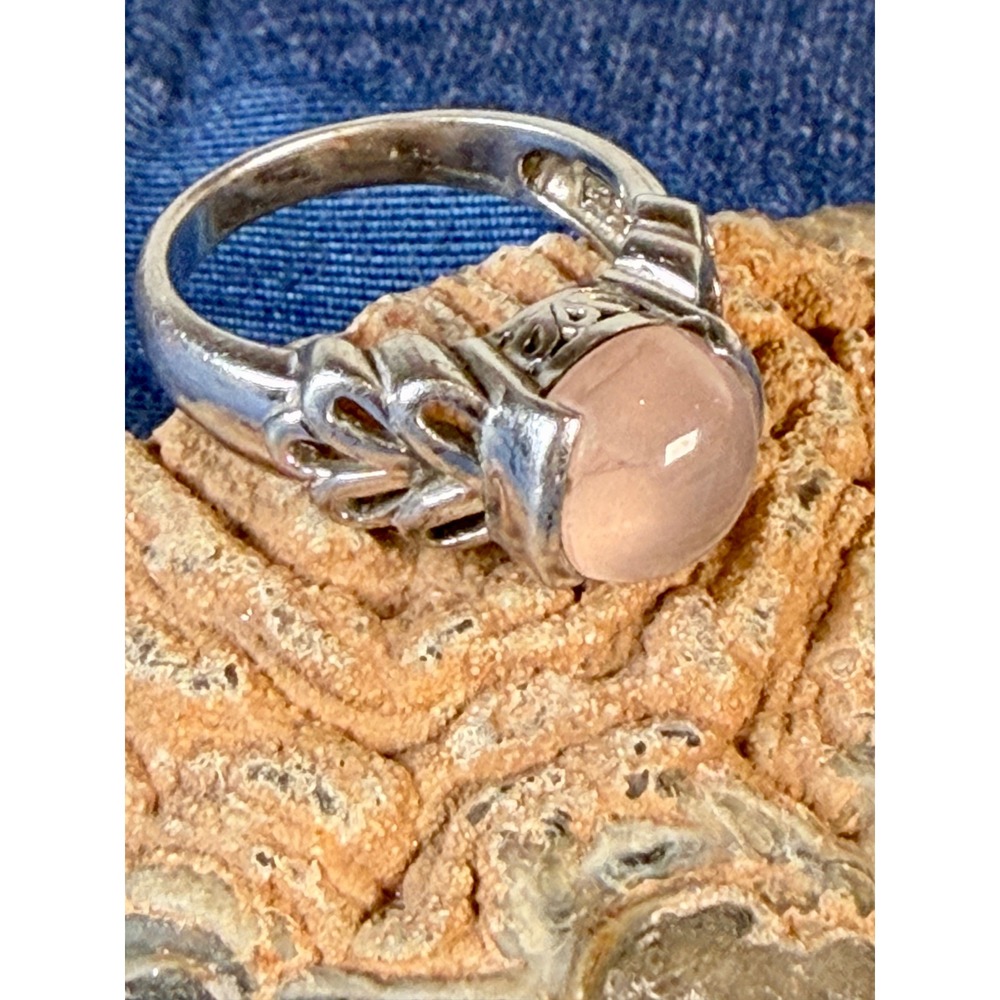 Vintage Sterling Silver 925 Rose Quartz Cabochon Filigree Scroll Ring Pink Stone